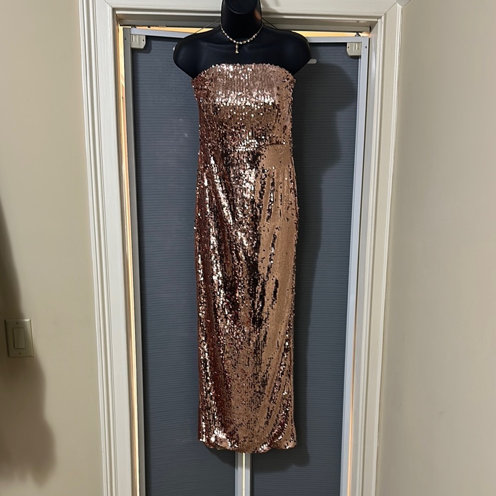 New Rose Gold Sparkling Strapless Sequin Prom Dress